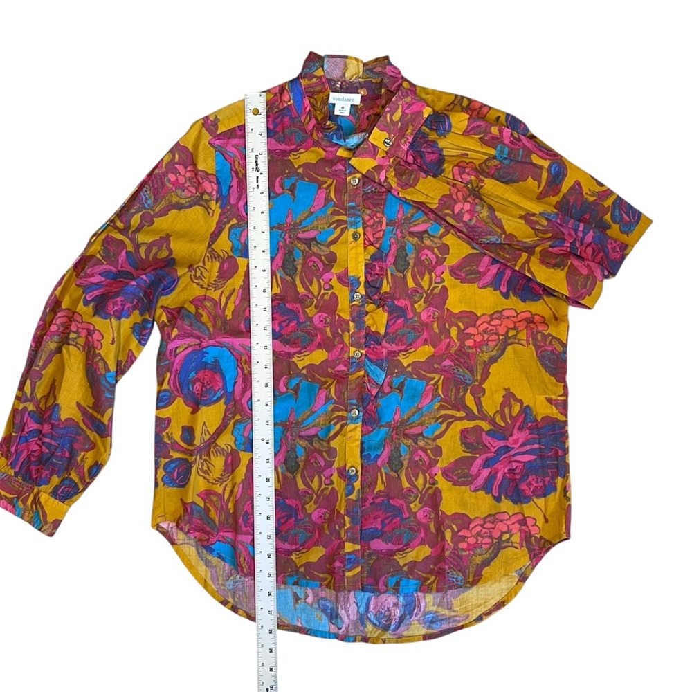 Sundance Women’s M Yellow Floral Cotton Lightweight Blouse Shirt Ruffle Collar - Picture 12 of 13